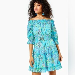 Lilly Pulitzer Louisa Bermuda Blue Turtle Pattern Off-Shoulder Mini Dress Size:M